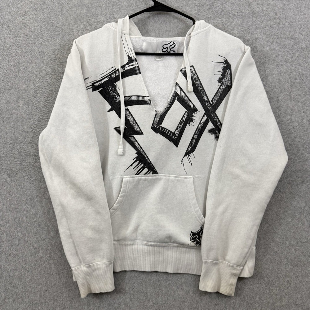 Fox Racing Hoodie Women's Large White Black V-Neck Graphic Pockets Logo 90s Y2K